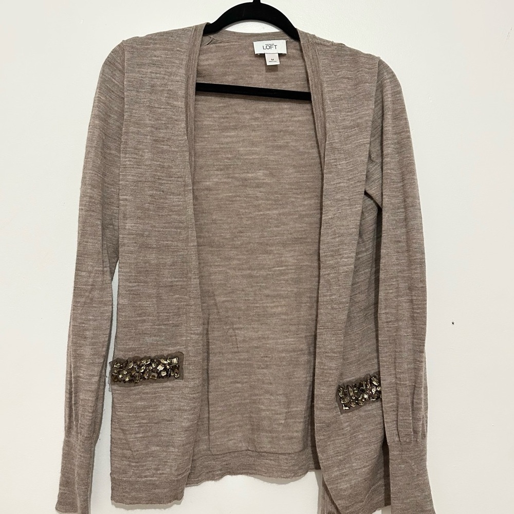 Ann Taylor Loft Tan Knit Jewel Embellished Cardigan Sweater medium